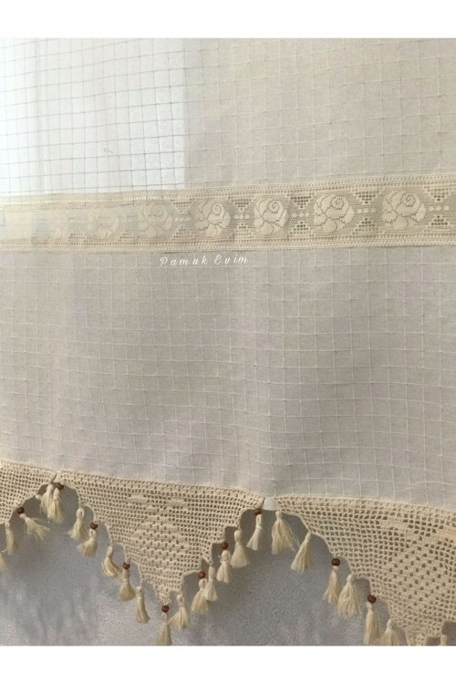 Buldan Işi Otantik Perde El Dantelli Natural Keten Dokuma Perdesi 150 x 210 Natural