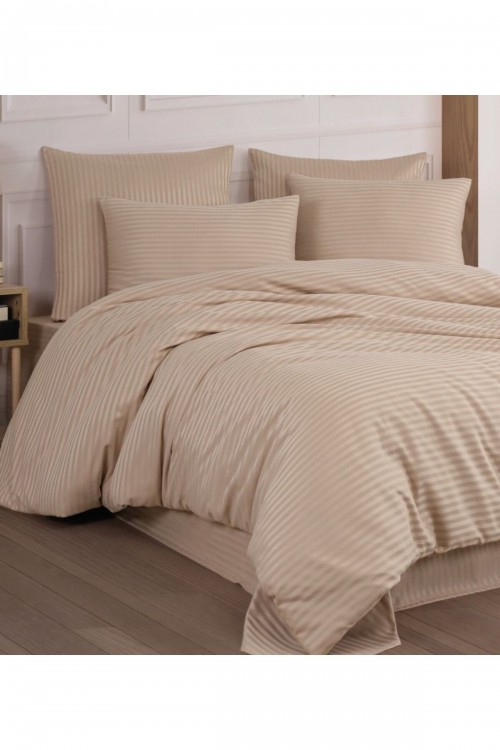 Pamuk Saten Çizgi Model Çift Kişilik Nevresim Seti - Bej