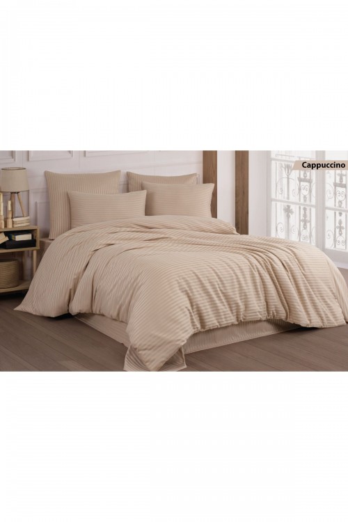 Pamuk Saten Çizgi Model Çift Kişilik Nevresim Seti - Bej