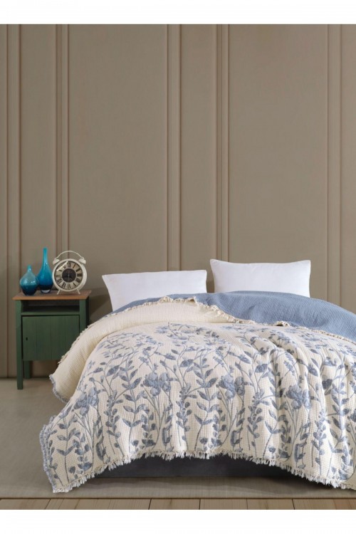 NORA Müslin 8 Katlı Yatak Örtüsü&Pike - Mavi - 230 x 250