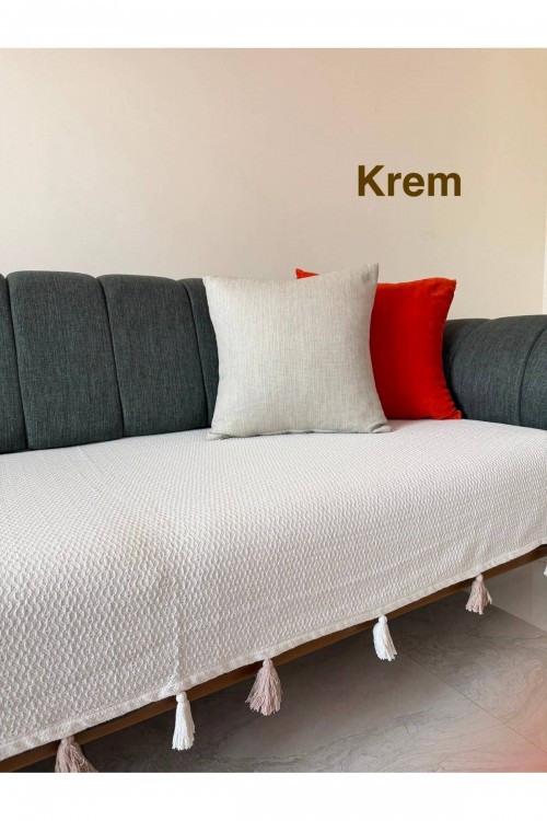 Oturma Yerine Ponponlu Pamuklu 115x200 Koltuk Örtüsü&Koltuk Şalı