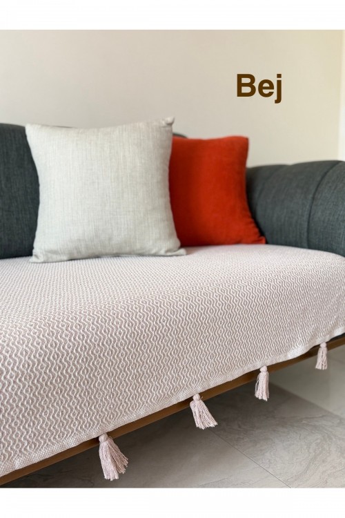 Oturma Yerine Ponponlu Pamuklu 115x200 Koltuk Örtüsü&Koltuk Şalı