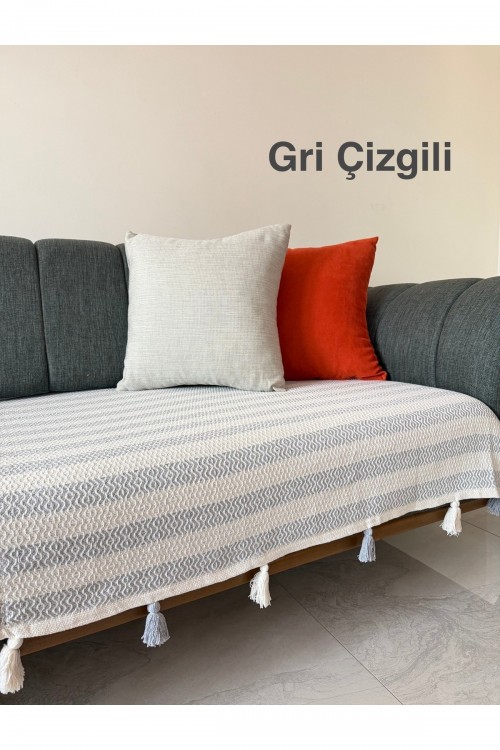 Oturma Yerine Ponponlu Pamuklu 115x200 Koltuk Örtüsü&Koltuk Şalı
