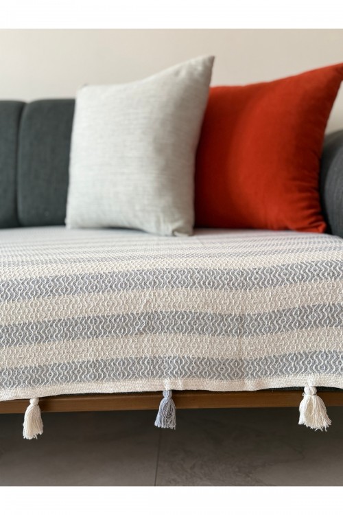 Oturma Yerine Ponponlu Pamuklu 115x200 Koltuk Örtüsü&Koltuk Şalı