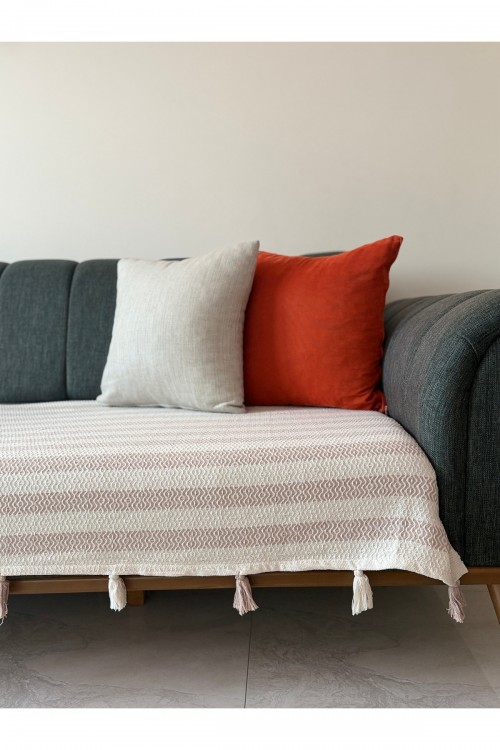 Oturma Yerine Ponponlu Pamuklu 115x200 Koltuk Örtüsü&Koltuk Şalı